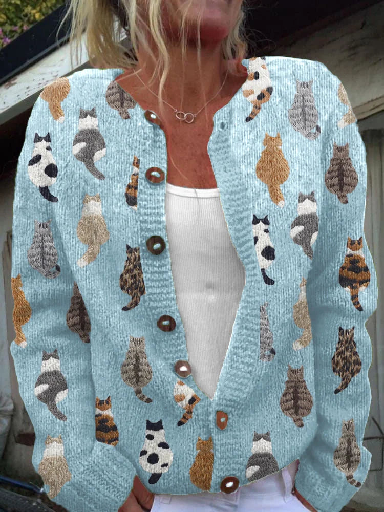 Emily | Charming Cat Print Knit Cardigan