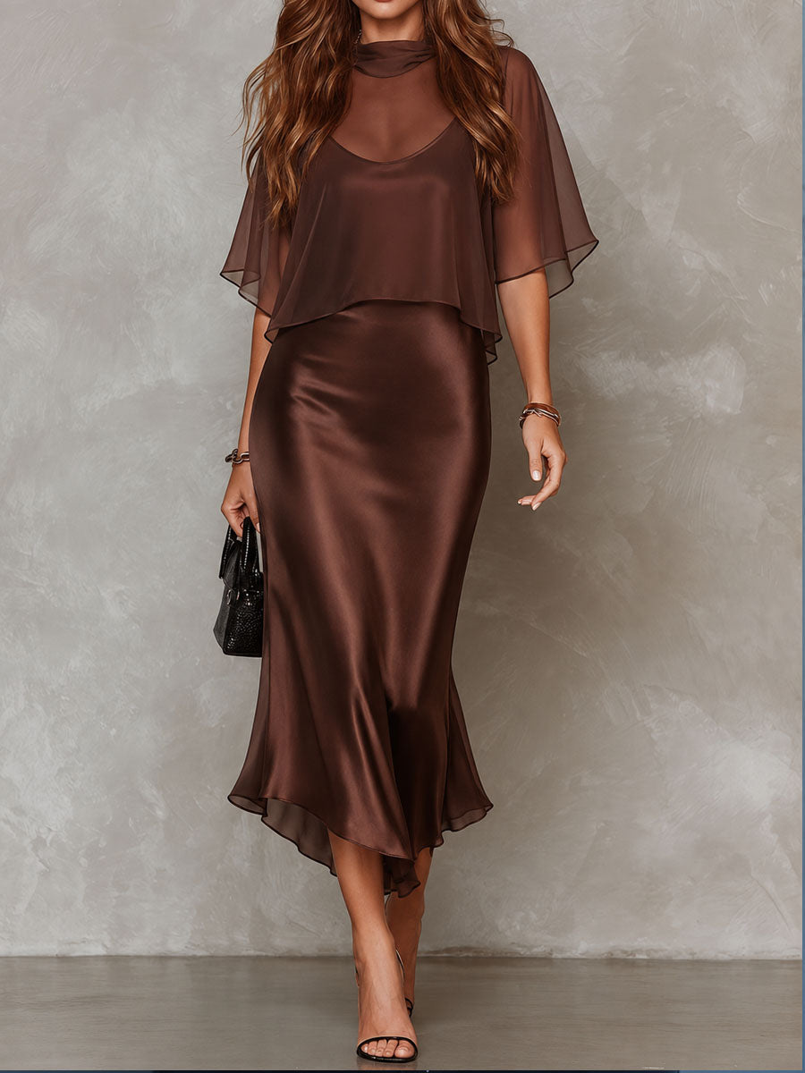 Sofia™ | Retro-elegante, chocoladebruine set bestaande uit een doorschijnende chiffon overlay en een satijnen midi-jurk