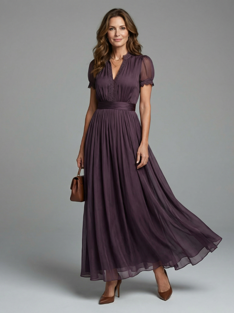 Vivienne | Lace Trim Chiffon Maxi Dress