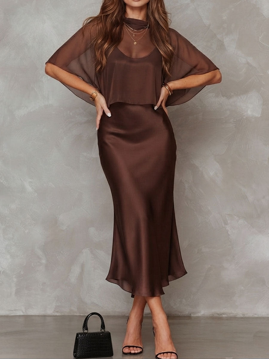 Sofia™ | Retro-elegante, chocoladebruine set bestaande uit een doorschijnende chiffon overlay en een satijnen midi-jurk