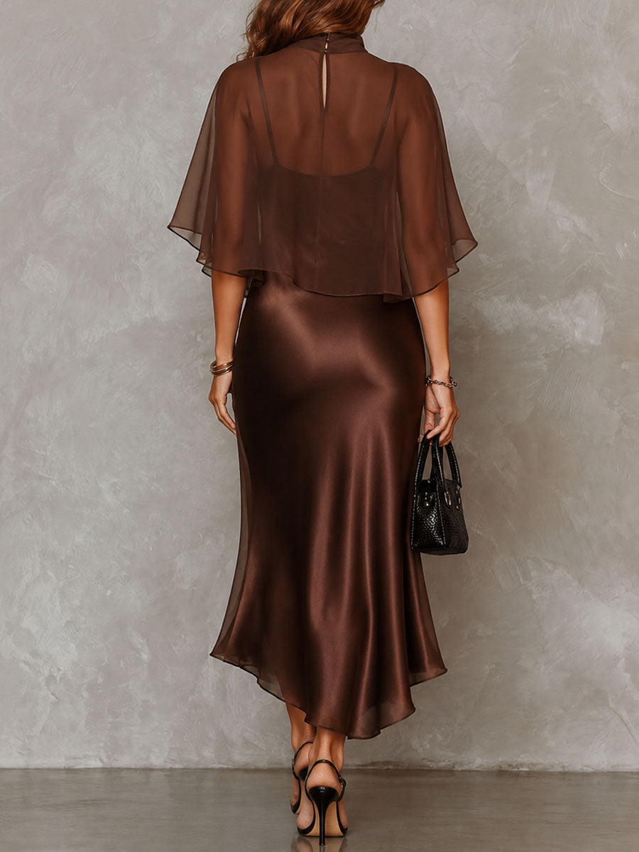 Sofia™ | Retro-elegante, chocoladebruine set bestaande uit een doorschijnende chiffon overlay en een satijnen midi-jurk