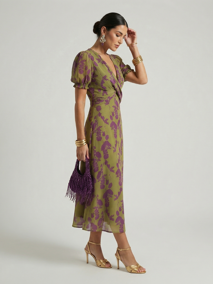 Rosalind | Puff Sleeve Twist Front Midi Dress