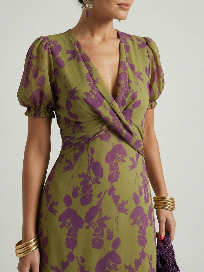 Rosalind | Puff Sleeve Twist Front Midi Dress