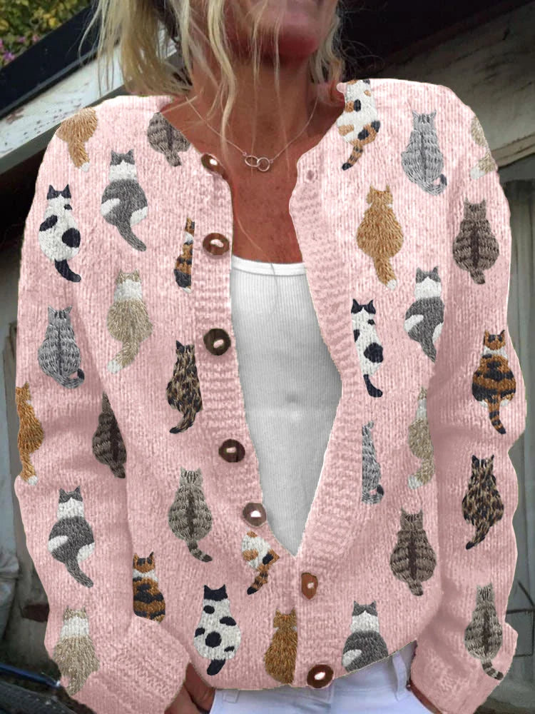 Emily | Charming Cat Print Knit Cardigan
