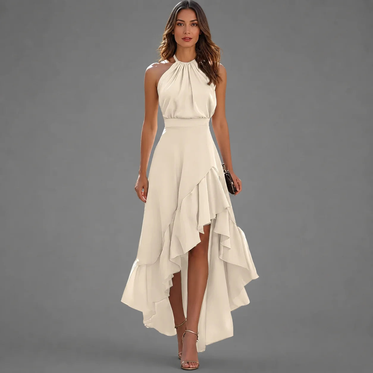Camilla | Halterneck Asymmetric Ruffle Gown