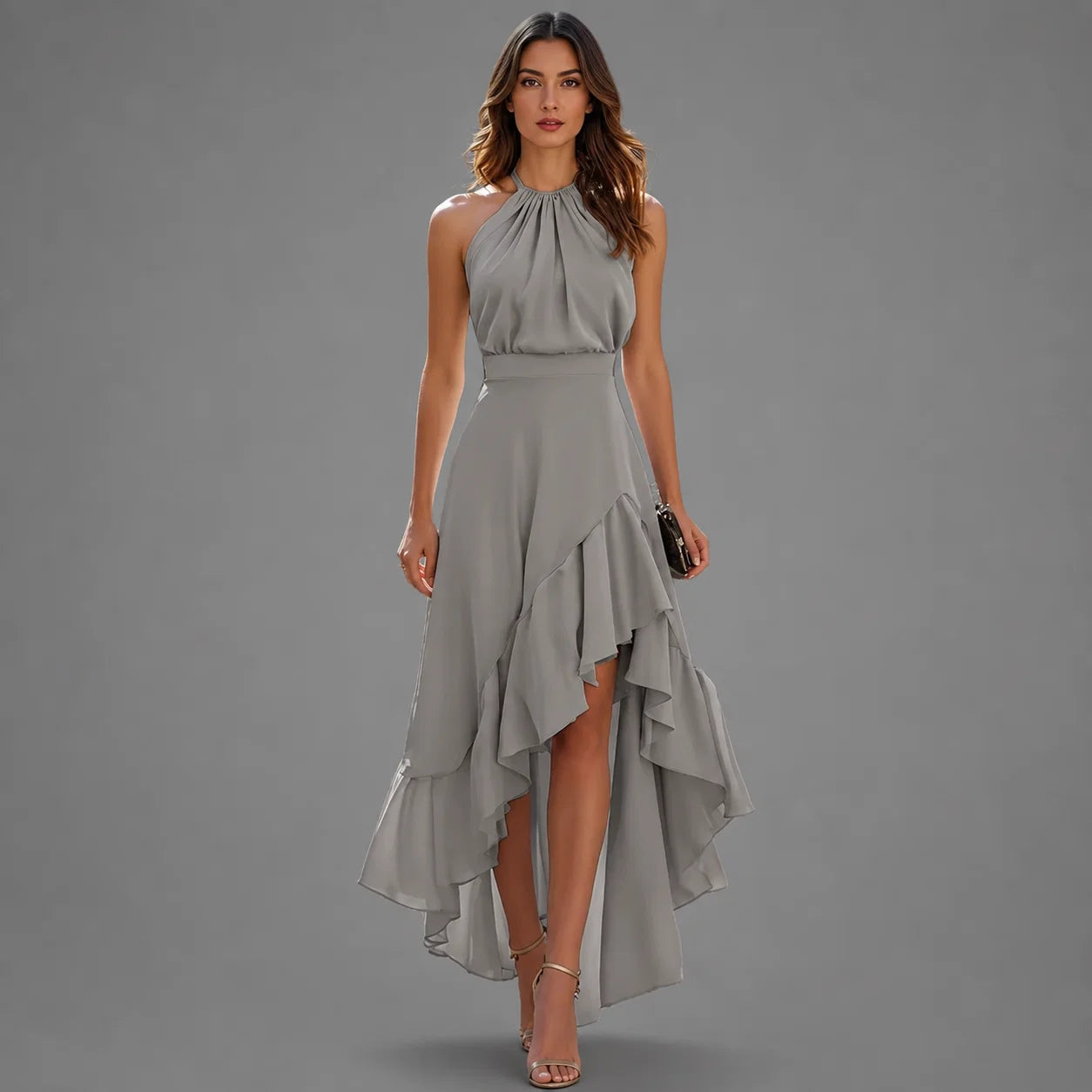 Camilla | Halterneck Asymmetric Ruffle Gown