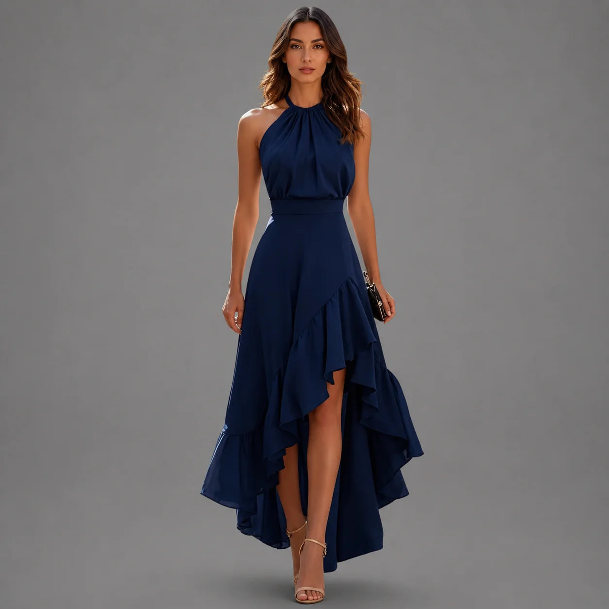 Camilla | Halterneck Asymmetric Ruffle Gown