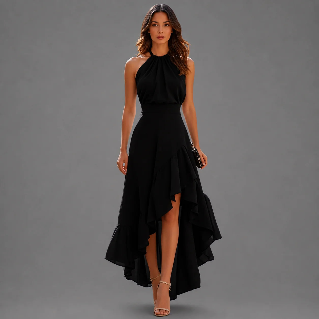 Camilla | Halterneck Asymmetric Ruffle Gown