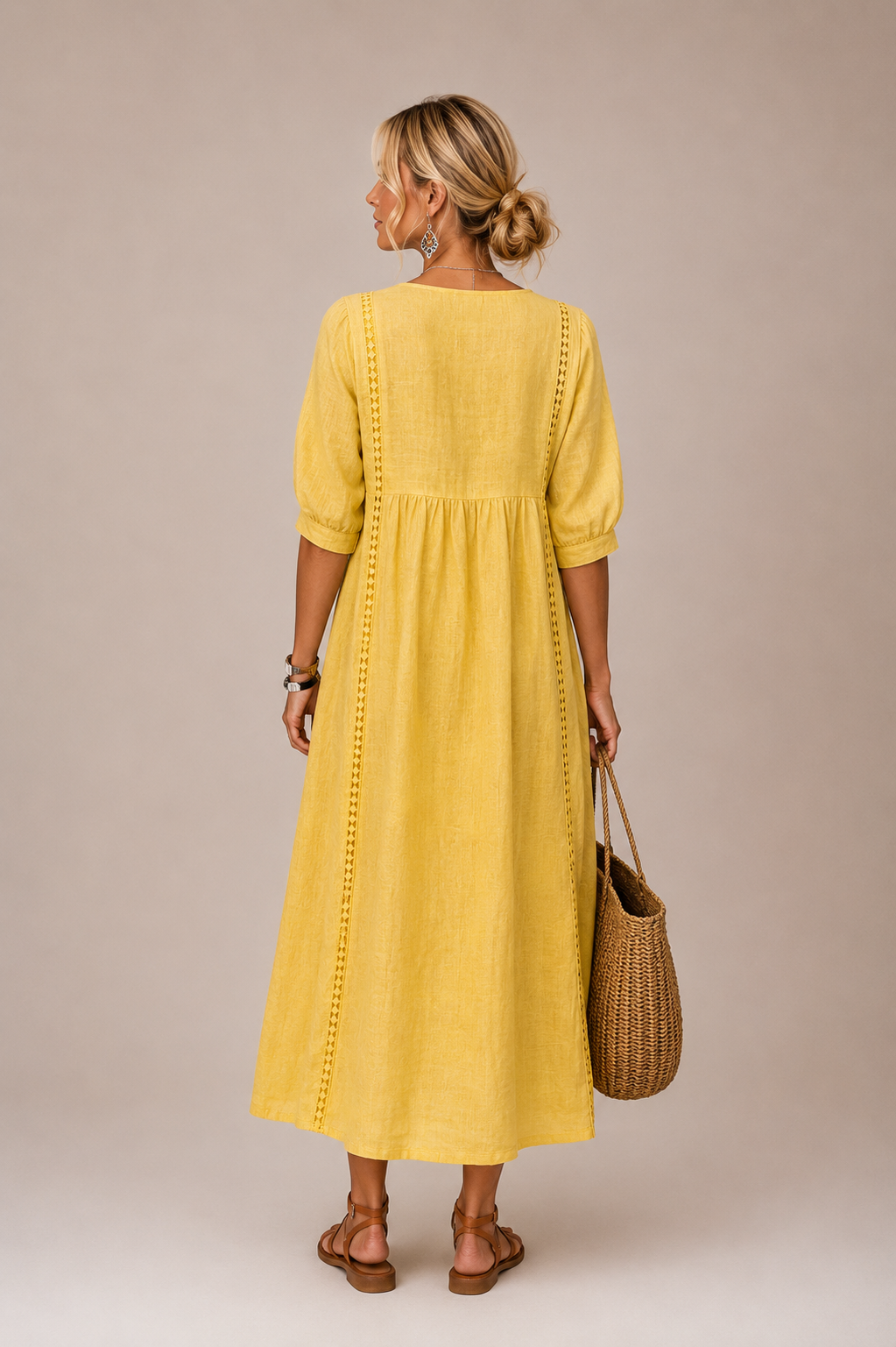 Isabelle | Puff Sleeve Lace Trim Midi Dress