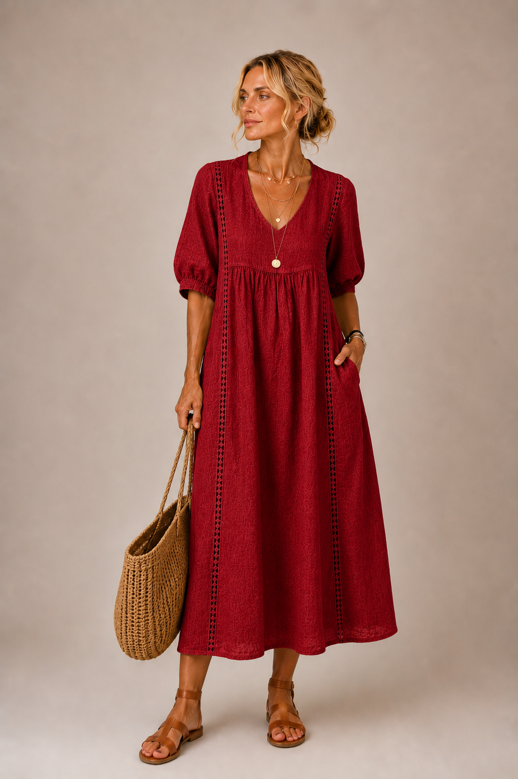 Isabelle | Puff Sleeve Lace Trim Midi Dress