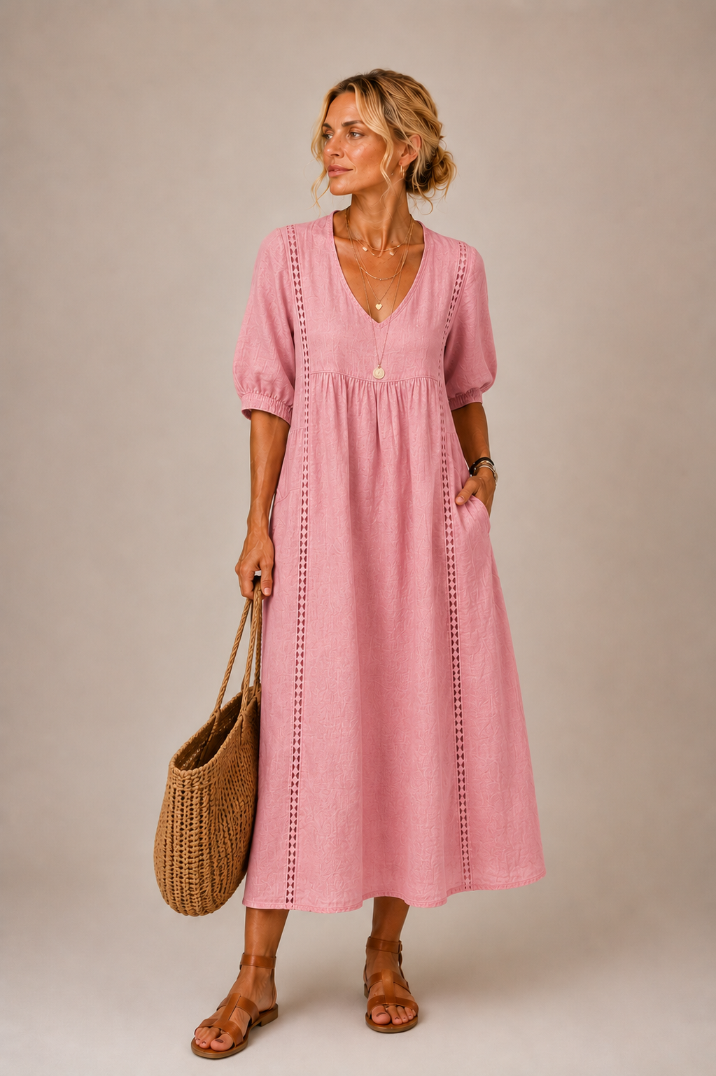 Isabelle | Puff Sleeve Lace Trim Midi Dress