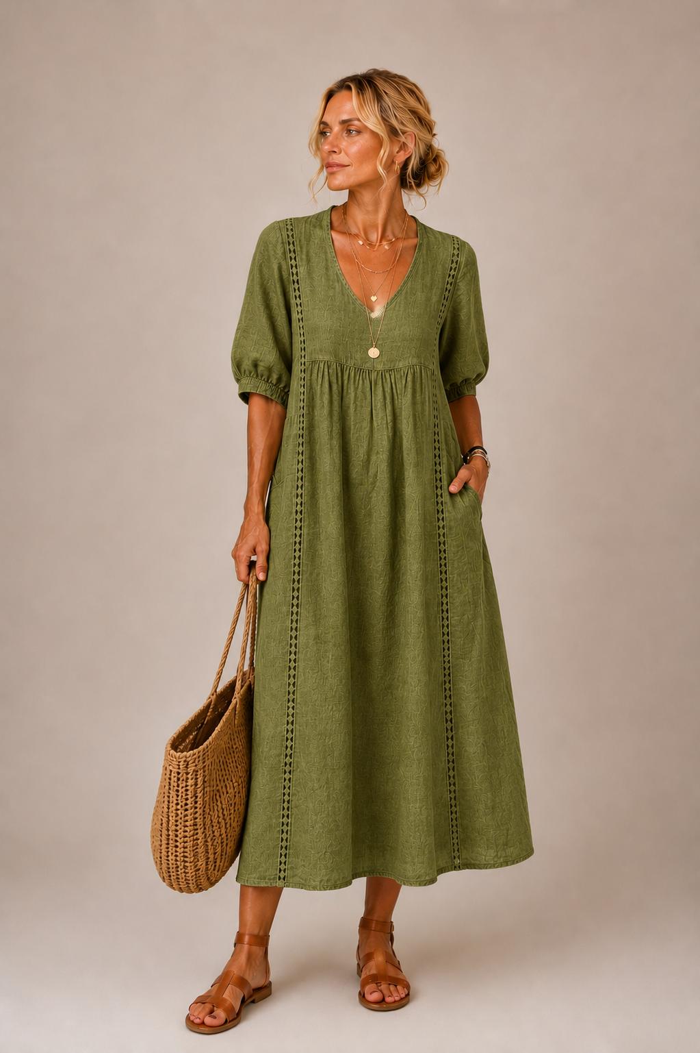 Isabelle | Puff Sleeve Lace Trim Midi Dress