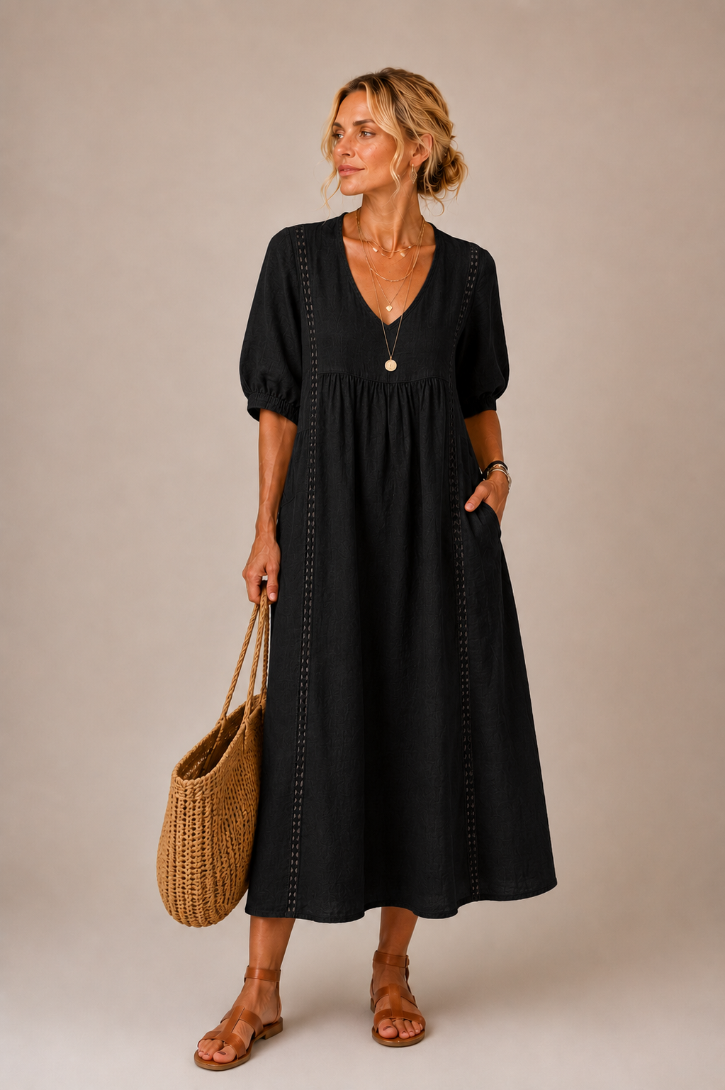 Isabelle | Puff Sleeve Lace Trim Midi Dress