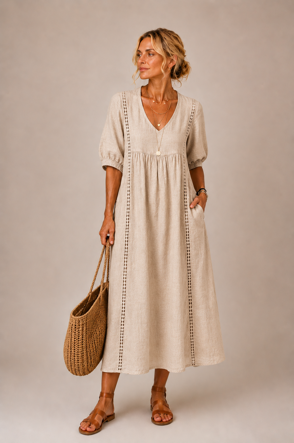 Isabelle | Puff Sleeve Lace Trim Midi Dress