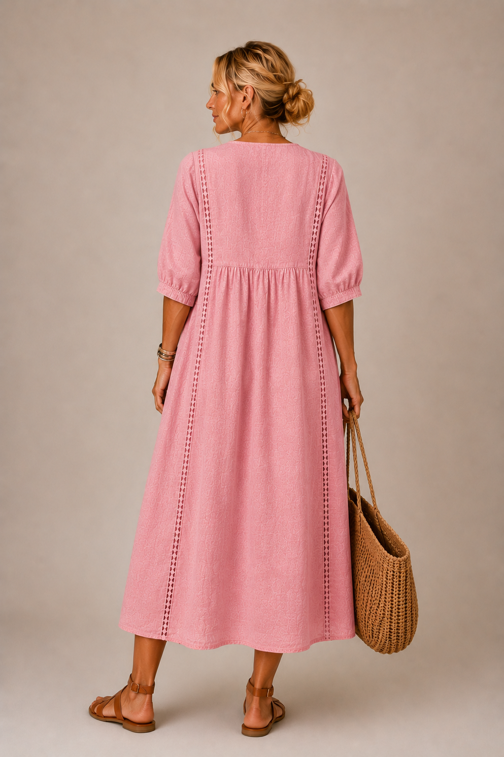 Isabelle | Puff Sleeve Lace Trim Midi Dress