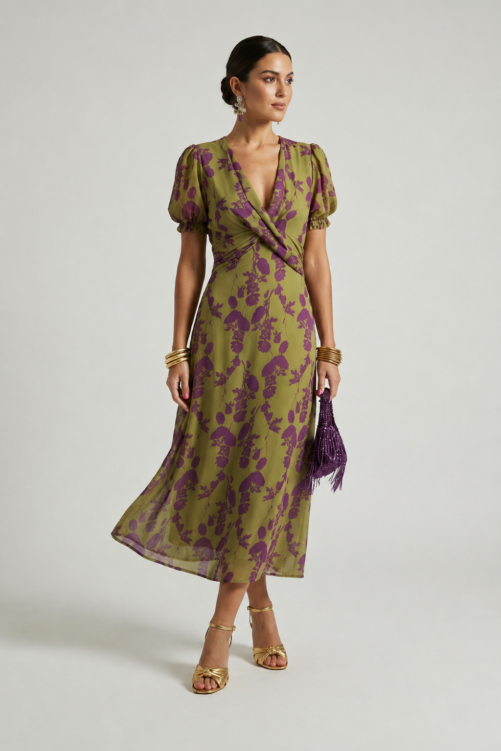 Rosalind | Puff Sleeve Twist Front Midi Dress