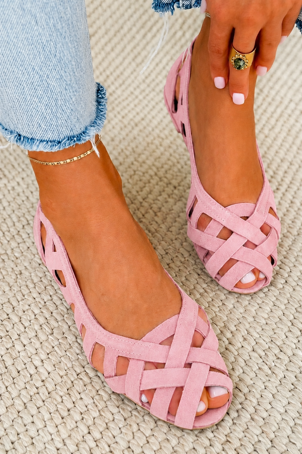 Freya | Comfortable Woven Peep-Toe Flats