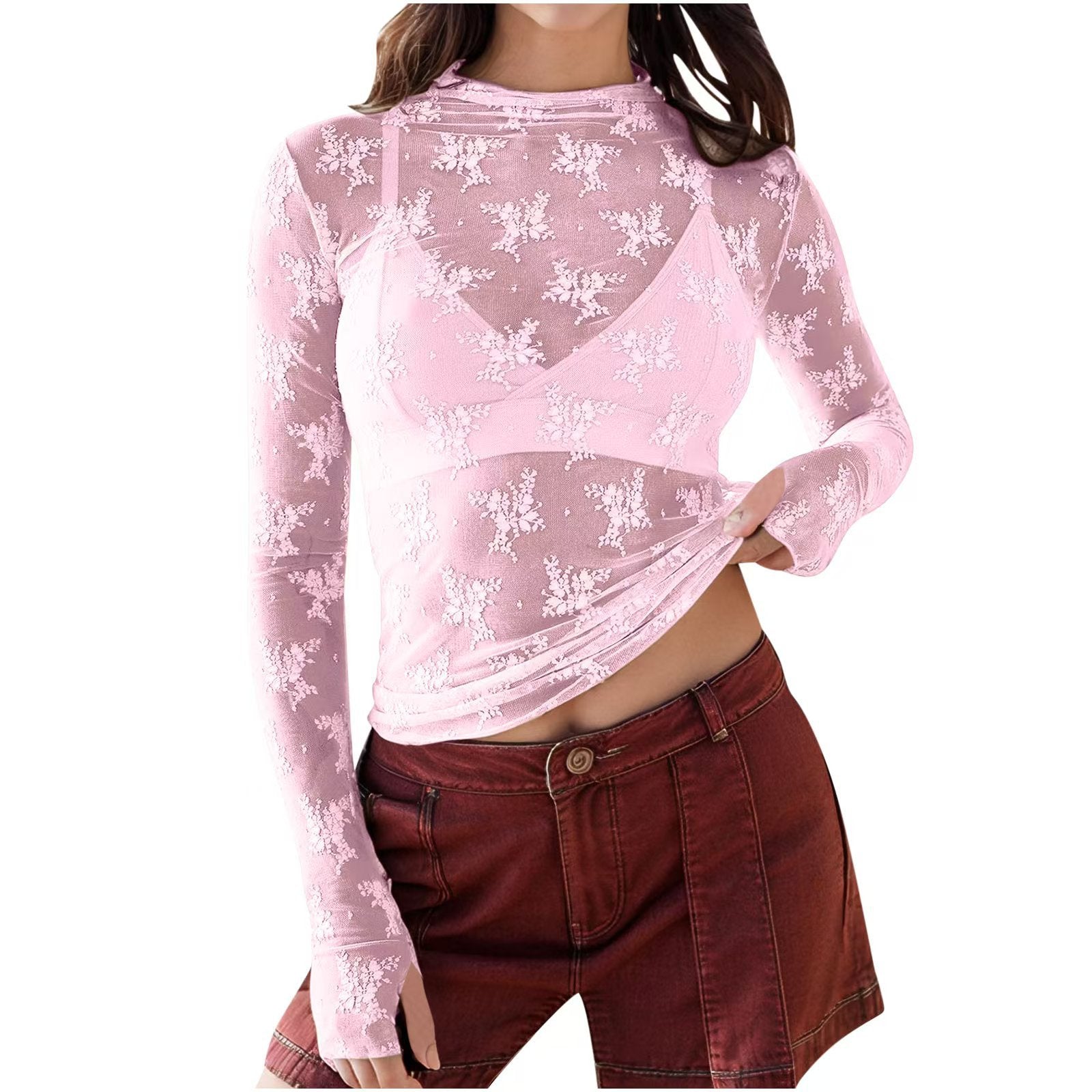 NOVY™ - Lace Mesh Long Sleeve Fitted Blouse