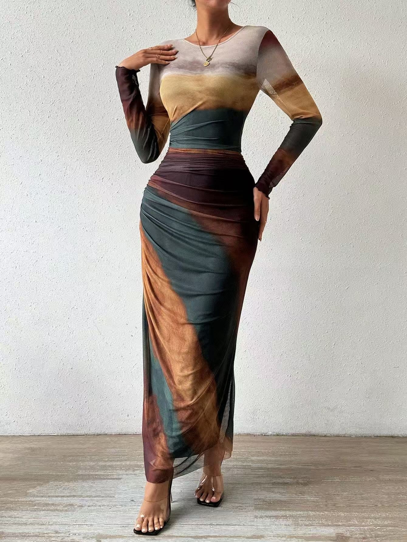 JULIA™ - Comfy Printed Long Sleeve Round Neck Bodycon Maxi Dress