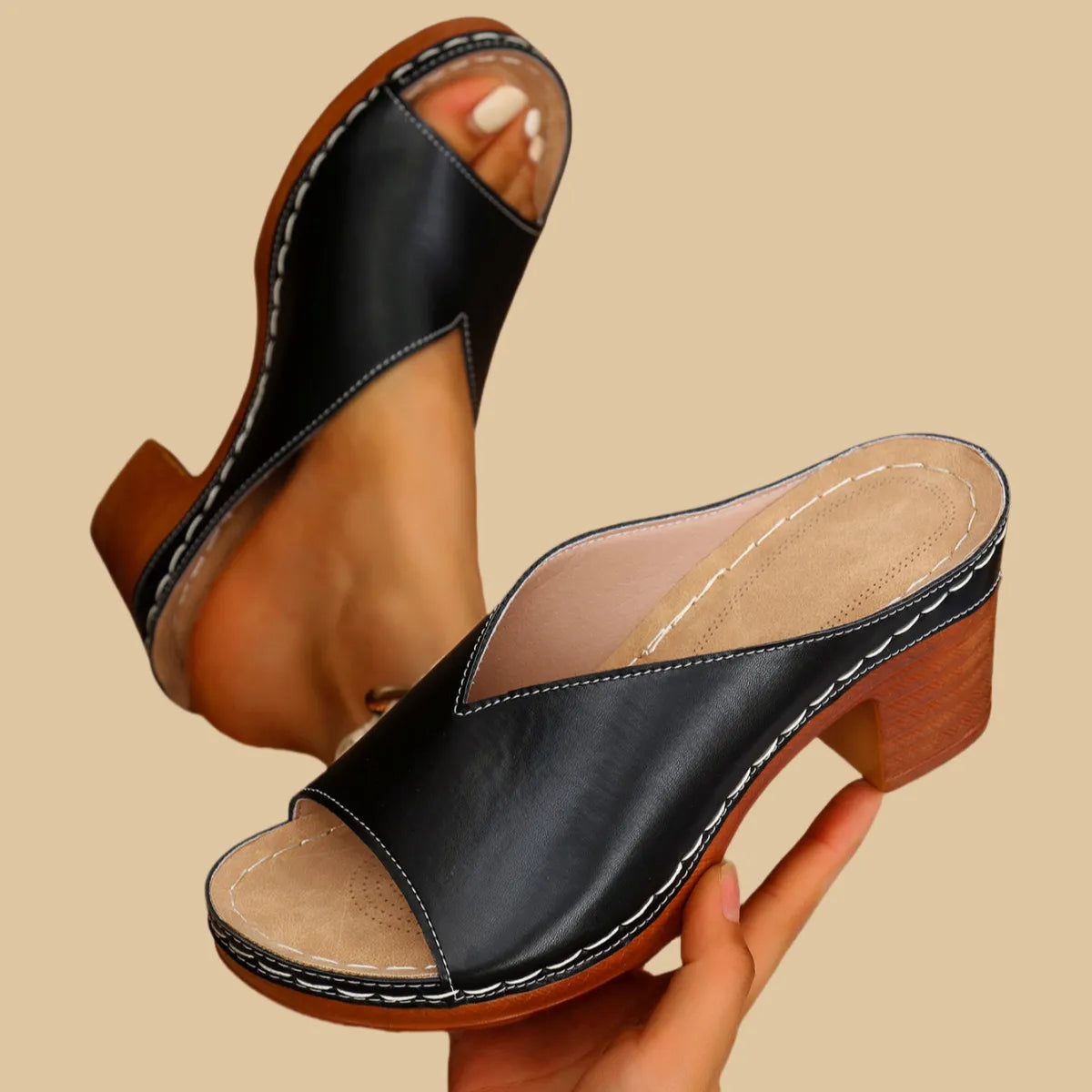 Adeline | Open Toe Block Heel Mules