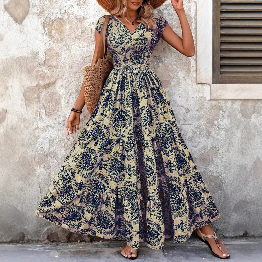 SARKI™ - Chic Summer V-Neck Shirred Boho Dress