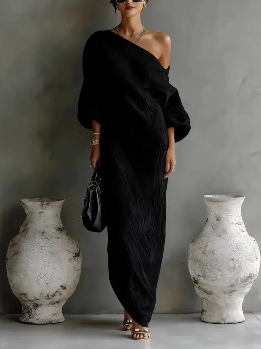 Genevieve | Asymmetric Off-Shoulder Crinkle Maxi Dress