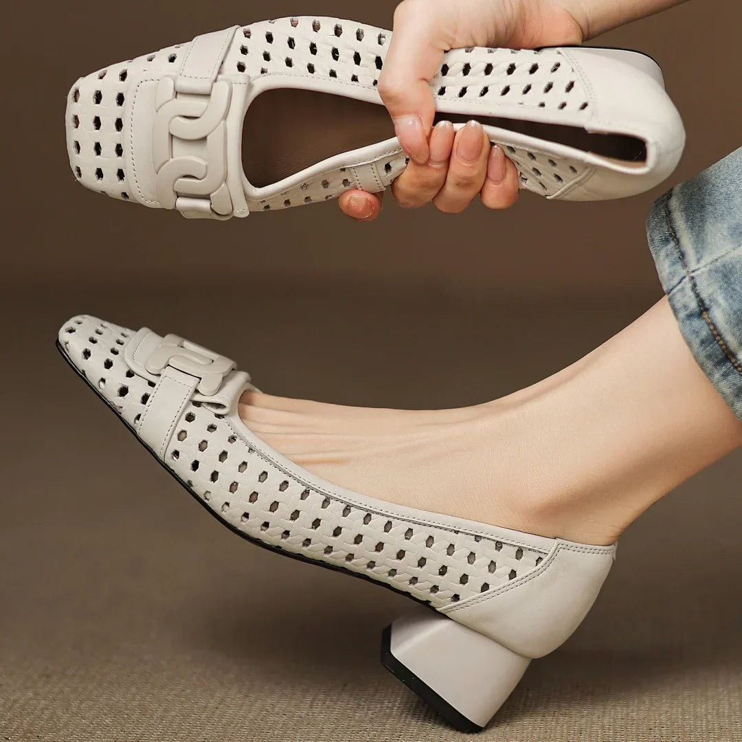 Vivienne | Woven Leather Square-Toe Heels