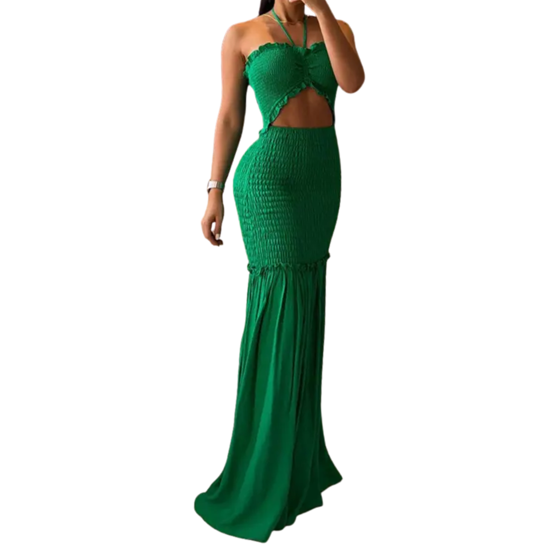 ISOLDE™ – Tropical Print Halter Maxi Dress
