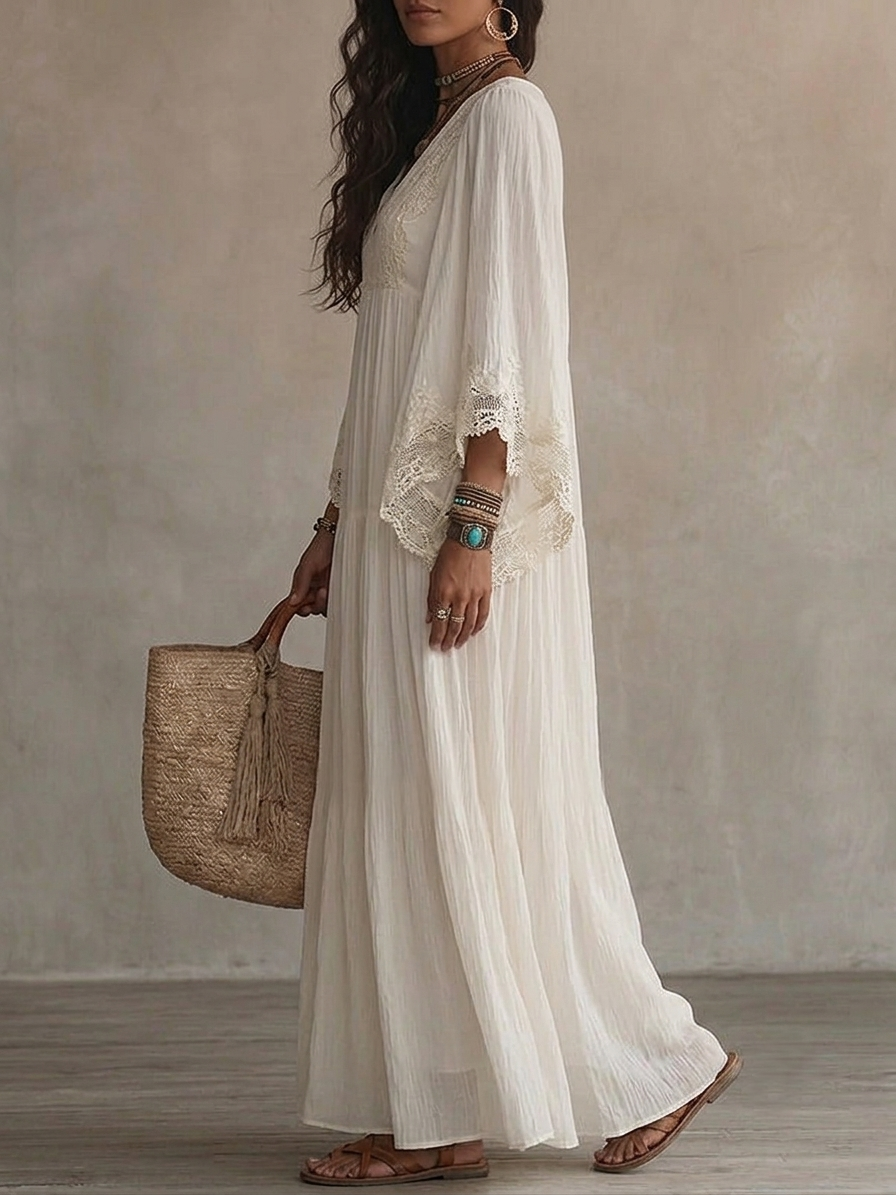 Rosalind | Lace Trim Flowing Maxi Dress
