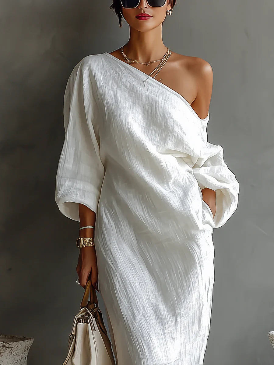 Genevieve | Asymmetric Off-Shoulder Crinkle Maxi Dress
