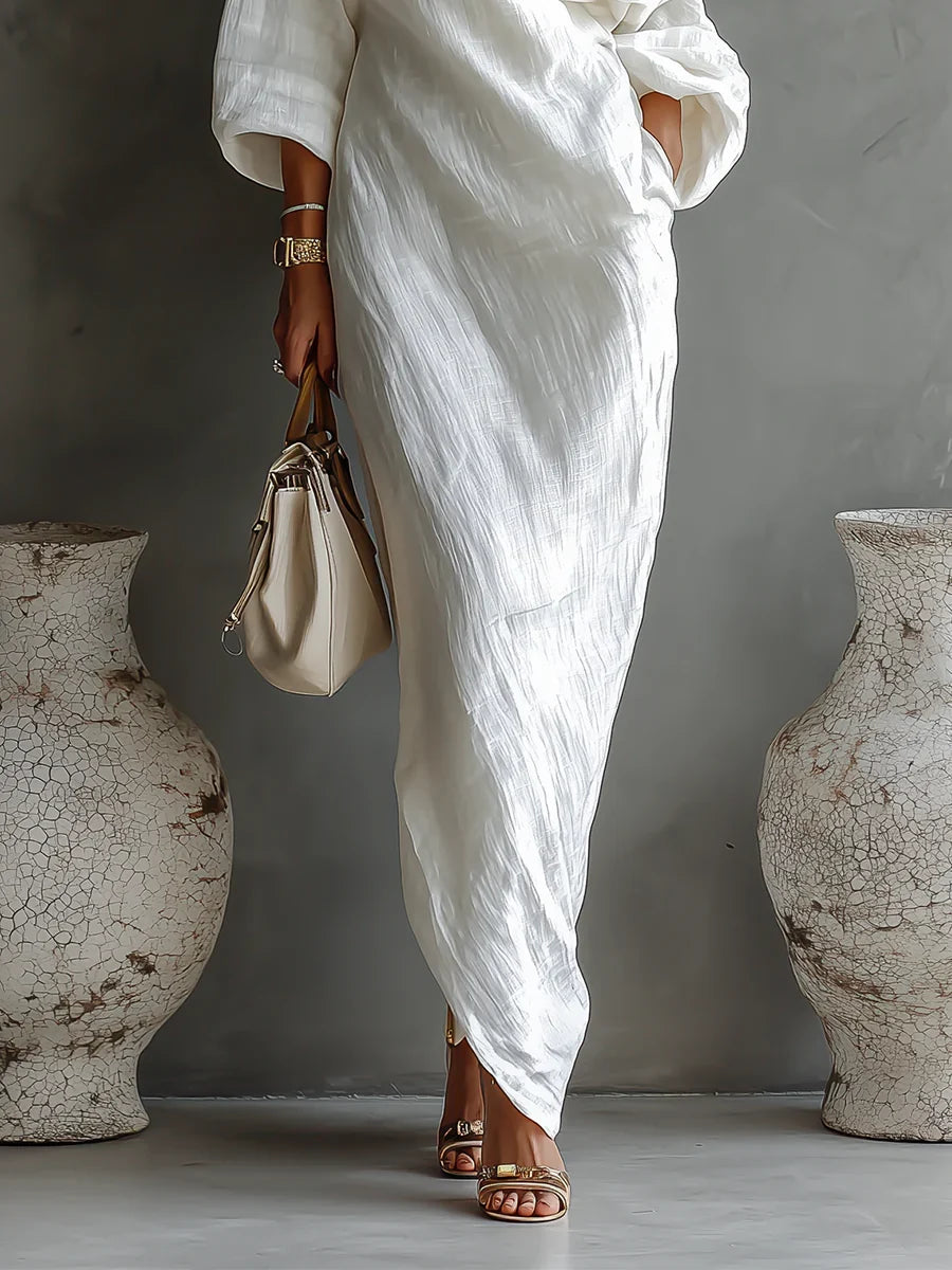 Genevieve | Asymmetric Off-Shoulder Crinkle Maxi Dress