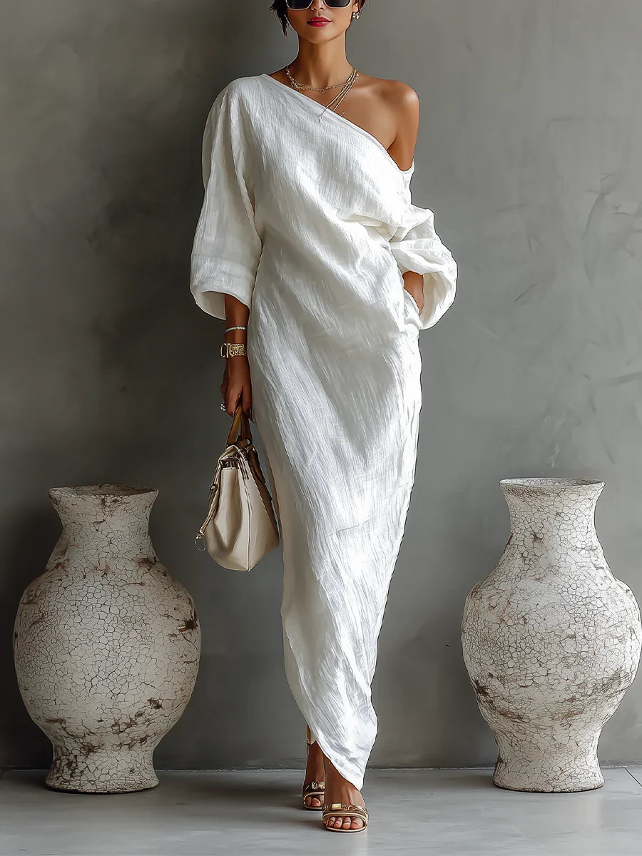 Genevieve | Asymmetric Off-Shoulder Crinkle Maxi Dress