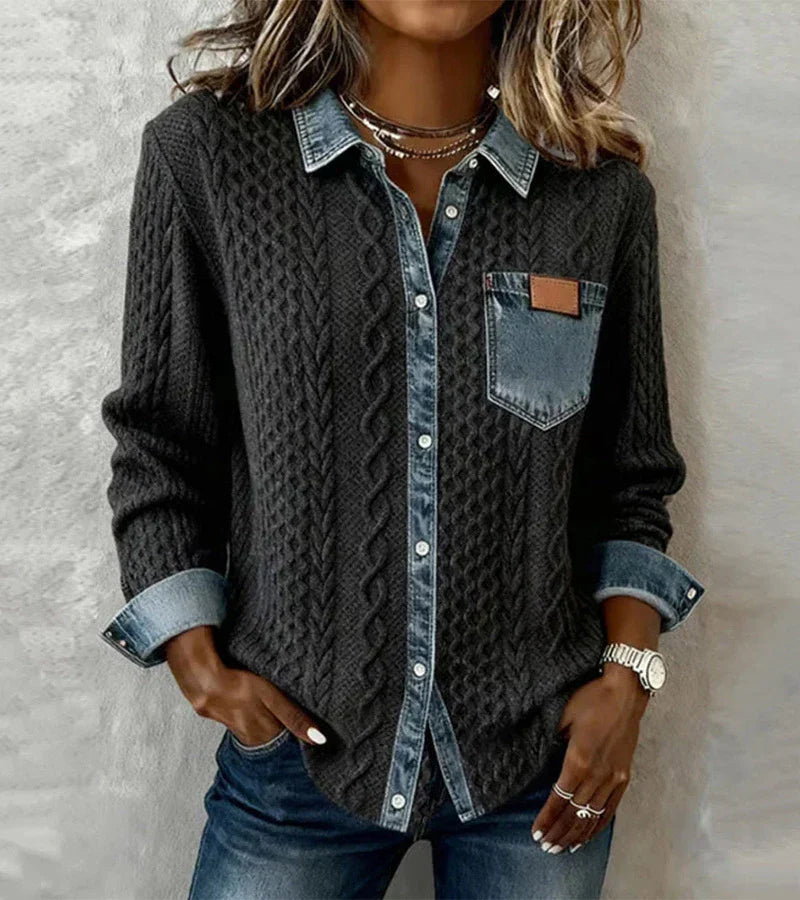 Hadley | Cable Knit Denim-Trim Shirt