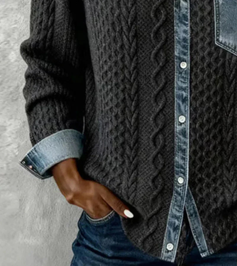 Hadley | Cable Knit Denim-Trim Shirt