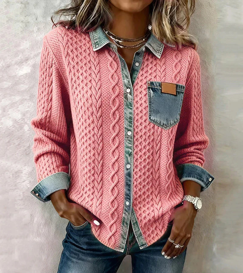 Hadley | Cable Knit Denim-Trim Shirt