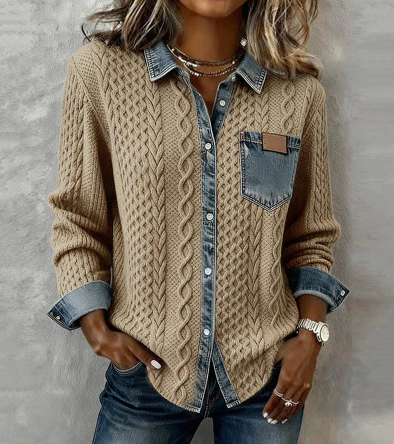 Hadley | Cable Knit Denim-Trim Shirt