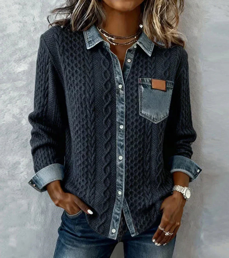 Hadley | Cable Knit Denim-Trim Shirt