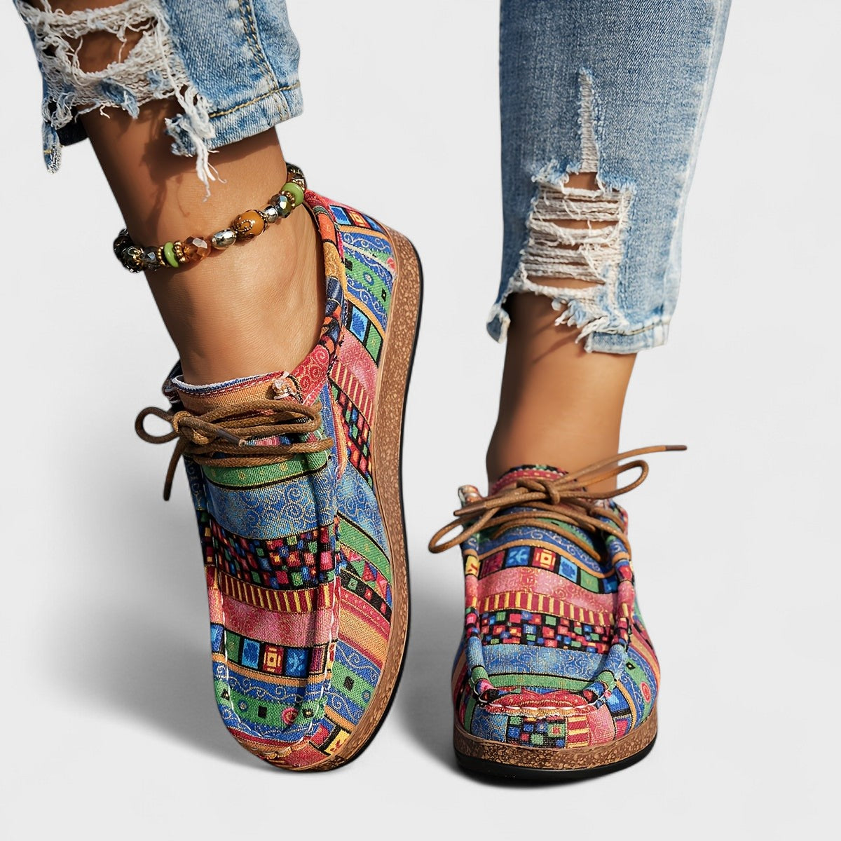 Freya | Bohemian Patchwork Lace-Up Shoes