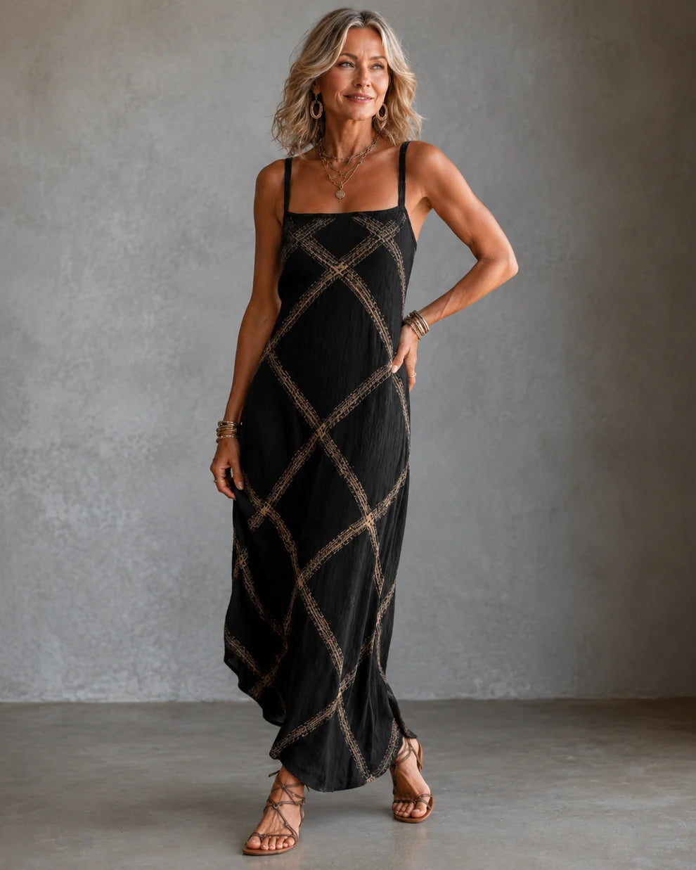 Feliz | Diamond-Print Strappy Maxi Dress