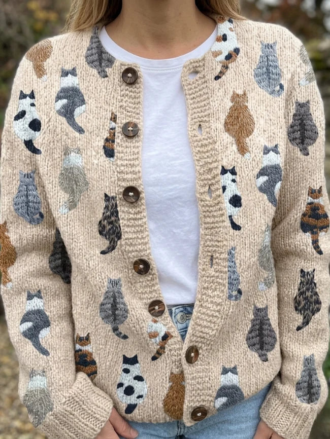 Emily | Charming Cat Print Knit Cardigan