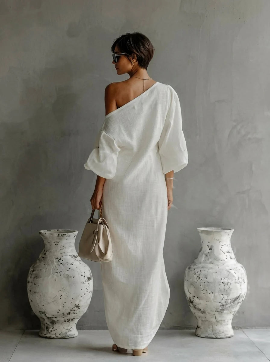 Genevieve | Asymmetric Off-Shoulder Crinkle Maxi Dress