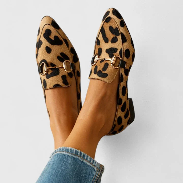 Odette | Leopard Print Gold-Buckle Loafers